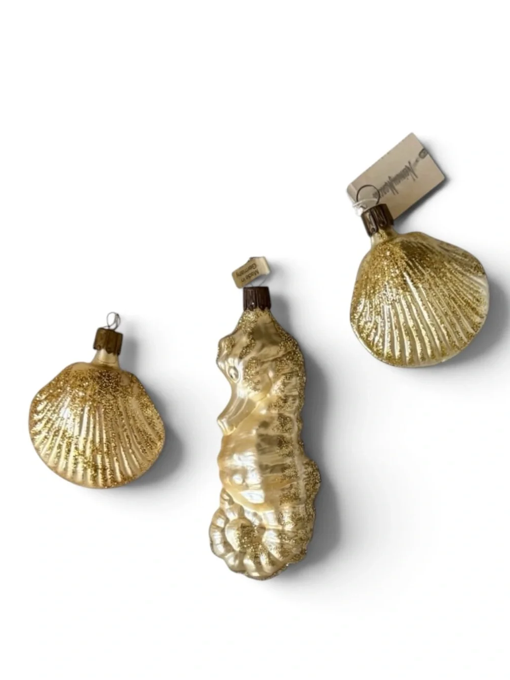 Set of 3 Neiman Marcus Metallic Gold Blown Glass Seahorse and Seashell Ornaments